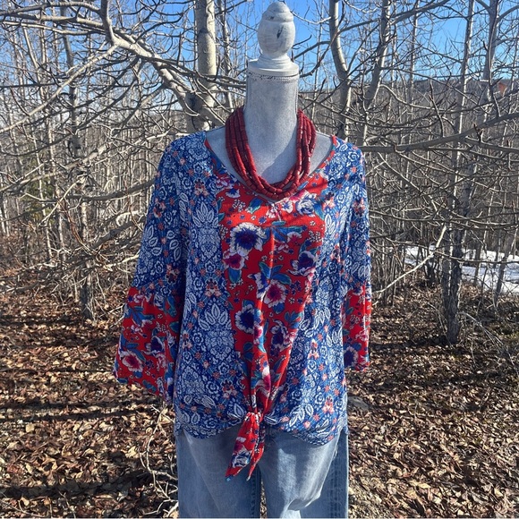 FIG AND FLOWER BOHO BLOUSE SIZE LG blue and red stylish top - Picture 4 of 16